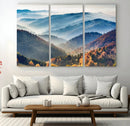 Misty Mountain Sunrise Triptych Canvas Print – Autumn