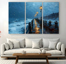 Stormy Night at Beach Pier Oil Painting Large Wall Art