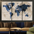 Vintage Blue World Map Canvas Wall Art – Antique Style