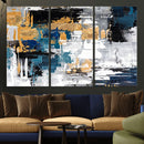 Blue and Gold Abstract Canvas Wall Art – Triptych Modern