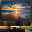 Sunset on the Ocean Beach with Waves, Reflections on Sand,