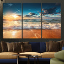 Golden Sunset Beach Triptych Canvas Art, Giclee Coastal Wall