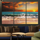 Golden Sunset Beach Canvas Wall Art – Triptych Seascape