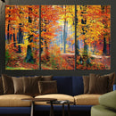 Autumn Red Forest Triptych Canvas Wall Art Print, Forest