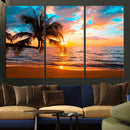Palm Tree Sunset On The Beach Wall Art Canvas, Framed Palm