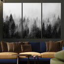 Foggy Black and White Forest Canvas Wall Art, 3 Panel Misty