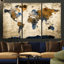 World Map Wall Art – Antique Style Blue and Brown Map Canvas