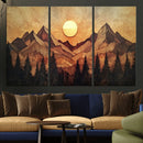 Wood Style Abstract Mountain Sunset Canvas Wall Art Print -