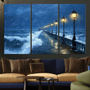 Stormy Ocean Pier Lights Canvas Wall Art Print - Large Moody