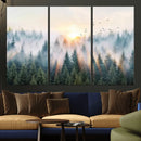 Misty Pine Forest Wall Art Canvas, Sunrise Over Foggy Trees