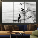 Surfers on Waves Wall Art Canvas Print – Framed Black and