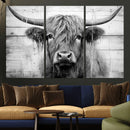 Black White Highland Cow Wall Art Canvas Print