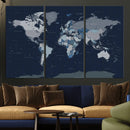 Blue Detailed World Map Wall Art Canvas Print, Modern Framed