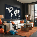 Black World Map Wall Art Canvas Print for Home Office and