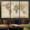 Vintage World Map Canvas Wall Art - Rustic Grunge Texture
