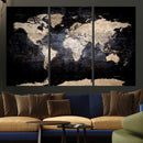 Grunge World Map Wall Art | 3-Panel Large Beige and Brown