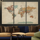 World Map Wall Art Canvas Print, Framed Rustic Atlas Art