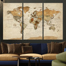 Vintage World Map Canvas Print – Framed Rustic Detailed Map
