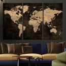 Brown World Map Canvas Print – Modern Travel Map Wall Art,