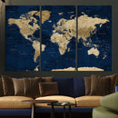 Navy Blue World Map Canvas Print – Detailed Map Minimal Navy