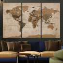 World Map Canvas Wall Art Print, Detailed Global Map Artwork