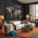 World Map Canvas Wall Art Dark Charcoal Antique Tan Detailed