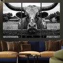 Black White Texas Longhorn Bull Canvas Wall Art, Western Ranch Cattle Photography Print, Rustic Farmhouse Cowboy Decor Artwork