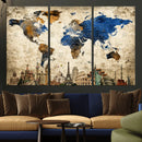 World Map Canvas Print – Vintage Blue and Gold World Map