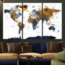 Modern Abstract World Map Canvas Wall Art – Framed Blue and