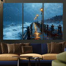 Stormy Night at Beach Pier Oil Painting Large Wall Art