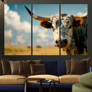 Longhorn in the Prairie - Stunning Ranch-Style Triptych Wall