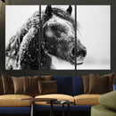 Winter Horse Canvas Print | Large 3-Panel Black White Equine
