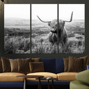 Scottish Highland Cow Wall Art | Black and White Canvas