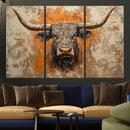 Abstract Cow Longhorn Bull Wall Art Canvas Print - Rustic