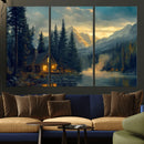 Mountain Cabin by the Lake at Sunset Wall Art - Serene