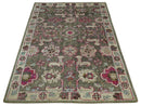 Antique Moss Green 5x8 Hand Knotted Beige and Pink Persian made of Bamboo Silk Area Rug | OP70