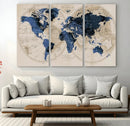 Vintage Blue World Map Canvas Wall Art – Antique Style