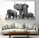 Black White Elephant Family Wall Art Canvas Print