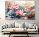 Lotus Flower Wall Art | 3-Panel Giclee Canvas Print of Pink