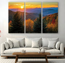Golden Sunset Over Mountain Forest Canvas Wall Art Print -