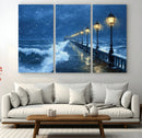 Stormy Ocean Pier Lights Canvas Wall Art Print - Large Moody