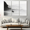 Surfer Beach Wall Art – Framed Black White Ocean Canvas