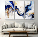 Golden Cascades on Midnight Blue – Deep Blue Abstract Wall
