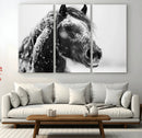 Winter Horse Canvas Print | Large 3-Panel Black White Equine