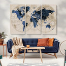 Vintage Blue World Map Canvas Wall Art – Antique Style