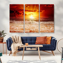 Red Sunset Ocean Beach Canvas Wall Art Beach Canvas, Coastal