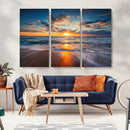 Sunset on the Ocean Beach with Waves, Reflections on Sand,