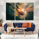 Ocean Wave Sunset Canvas Wall Art – Triptych Seascape Print