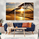 Golden Tropical Beach Sunset Canvas Triptych, Coastal Palm