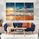 Golden Sunset Beach Triptych Canvas Art, Giclee Coastal Wall